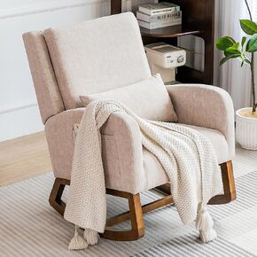 COCO DESIGN Modern Indoor Rocking Chair with Thick Cushion, Ergonomic Design for Living Room, Nursery, or Bedroom, Durable Wooden Frame with Soft Fabric, Comfortable for Reading, Beige