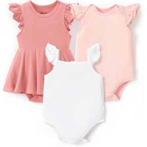 PATPAT Baby Girl Bodysuits - Soft Bamboo Viscose - Flutter Sleeves Cute Dress - Newborn Infant Summer Clothes - 3 Pack
