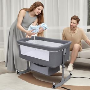 Walbest Baby Bassinet, Bedside Baby Crib Rocking Bassinets with Large Curvature Cradle Mosquito Net Bedside Sleepers Height Adjustable Beside Bassinet, Safety Certificattion Guarantee Grey