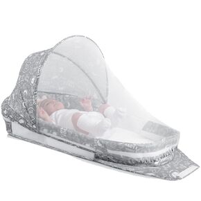 Portable Baby Lounger, Foldable Diaper Bag Babies Nest with 2-in-1 Detaches Mosquito Net & Canopy & Waterproof Pad, Travel Pod Rest Mat, Easy Setup and Storage Ideal for Outdoors Indoors (Gray)