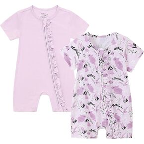 JunNeng 2Pcs Baby Girl Viscose from Bamboo Sleeper, 2 Way Zipper Romper, Short Sleeve One Piece 0-18 Months