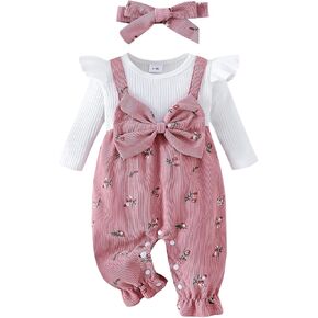 Newborn Baby Girl Clothes Ruffle Sleeve Jumpsuit Corduroy Floral Romper+Headband Cute Fall Winter One Piece Outfit