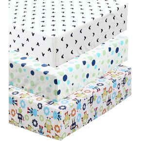 Bed Bath & Beyond Unisex Multi-Color Cotton Toddler/Baby Crib Child Fitted Sheet Set (Pack of 3) Robot Mickey