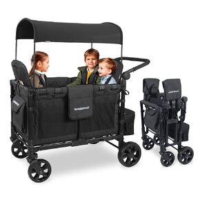 WONDERFOLD W4 Original Stroller Wagon (4 Seater) - Collapsible Wagon Stroller with Seats with 5-Point Harnesses, Easy Access Zipper Door, and Removable Sun Canopy, Gray