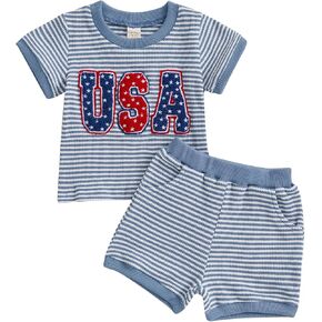 Karuedoo 4th of July Toddler Baby Boy Outfit USA Flag Embroidery Stripe Waffle Knit Short Sleeve T Shirt Tops and Shorts Set