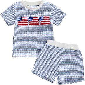 Karuedoo 4th of July Toddler Baby Boy Outfit USA Flag Stripe Stripe Waffle Knit Short Shirt Tops and Sorts Set in Kuwait