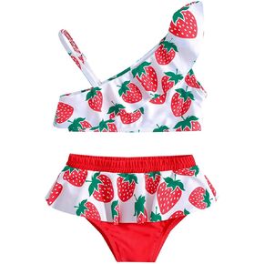 Kids Toddler Baby Girls Spring Strawberry Print Cotton Sleeveless Beach Swimwear Swimsuit Clothes Cow Short