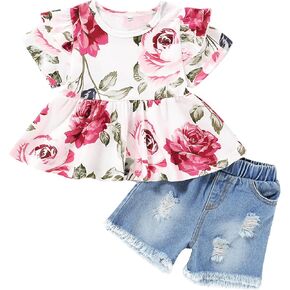 Mikrdoo Baby Girl Clothes Toddler Girl Summer Outfits Shirts Tops Ripped Denim Shorts Set Little Girl Clothes in Kuwait