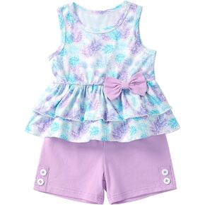 Toddler Baby Girl Clothes Summer Sleeveless Floral Ruffle Shirts Tops+Solid Color Shorts Outfits Clothing Set