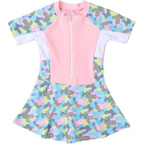 Infant Girls Swimsuit Summer Short Sleeve Round Neck Zipper Bathing Suit Rash Guard UPF 50+ Infant Swimwear Sun Protection