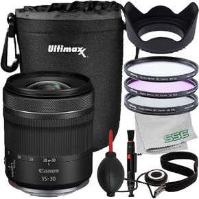 SSE Canon RF 15-30mm f/4.5-6.3 هو عدسة STM 5775C002-حزمة الملحقات ؛ يشمل: حقيبة العدسة المقاومة للماء ، مجموعة مرشح 3pc (UV ، CPL ، FL-D) ، عدسة غطاء محرك الأقحوان والمزيد (متجدد)