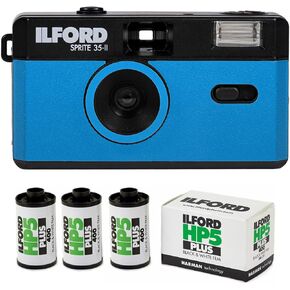 Ilford Sprite 35-II Reusable and Reloadable 35mm Analog Film Camera (Blue and Black) Bundle with HP5 Plus ISO 400 Black and White 36 Exposures 35mm Roll Film (3-Pack) (4 Items)