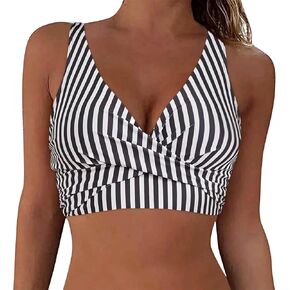 Womens Stripe Printed Bikini Top - Push Up Bathing Suit Tops V-Neck Ruched Swimwear Strappy Backless Sexy Beachwear