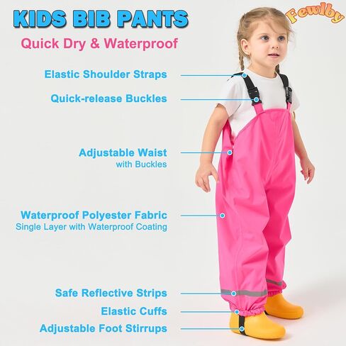 Fewlby Kids Rain Bib Pants, Toddlers Waterproof Suspender Dirty Proof Rain Wear for Boys and Girls in Saudi Arabia