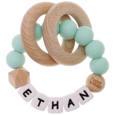 Personalized Baby Keepsake Rattles with Name, Panny & Mody Customizable Silicone Baby Keepsake Rattle with Natural Organic Beech Wood Rings for Gift - Mint Green in Kuwait