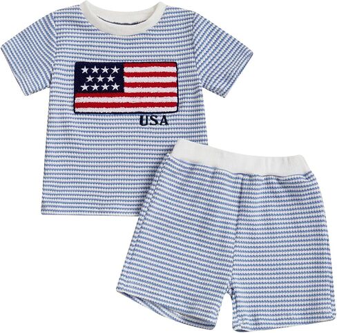 Karuedoo 4th of July Toddler Baby Boy Outfit USA Flag Stripe Stripe Waffle Knit Short Shirt Tops and Sorts Set in Kuwait