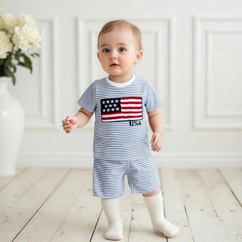 Karuedoo 4th of July Toddler Baby Boy Outfit USA Flag Stripe Stripe Waffle Knit Short Shirt Tops and Sorts Set in Kuwait