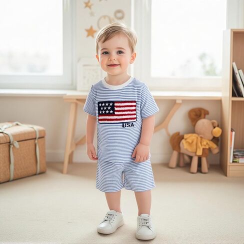 Karuedoo 4th of July Toddler Baby Boy Outfit USA Flag Stripe Stripe Waffle Knit Short Shirt Tops and Sorts Set in Kuwait