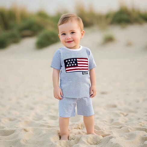 Karuedoo 4th of July Toddler Baby Boy Outfit USA Flag Stripe Stripe Waffle Knit Short Shirt Tops and Sorts Set in Kuwait