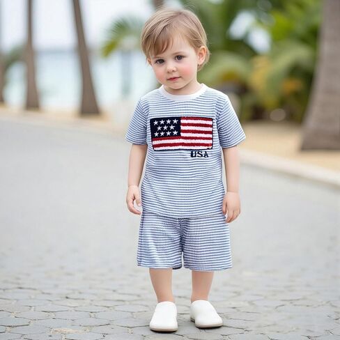 Karuedoo 4th of July Toddler Baby Boy Outfit USA Flag Stripe Stripe Waffle Knit Short Shirt Tops and Sorts Set in Kuwait