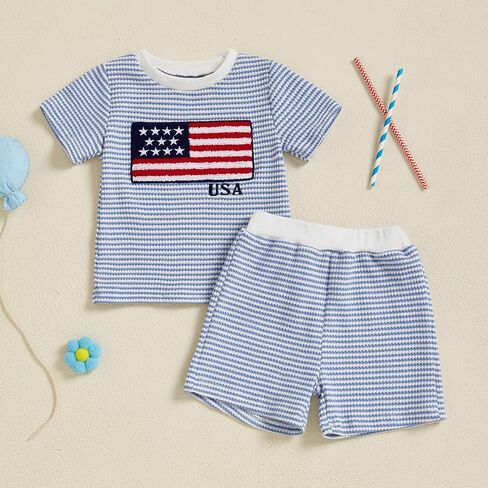 Karuedoo 4th of July Toddler Baby Boy Outfit USA Flag Stripe Stripe Waffle Knit Short Shirt Tops and Sorts Set in Kuwait