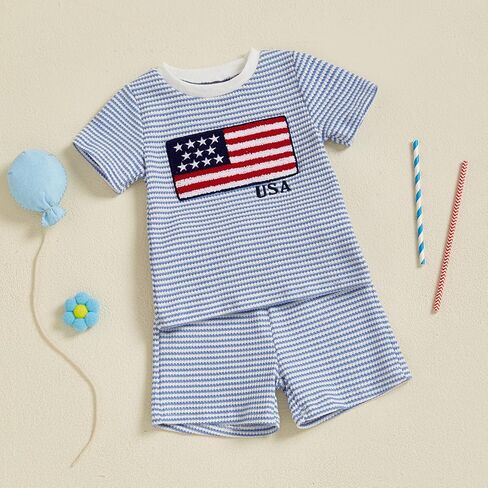 Karuedoo 4th of July Toddler Baby Boy Outfit USA Flag Stripe Stripe Waffle Knit Short Shirt Tops and Sorts Set in Kuwait