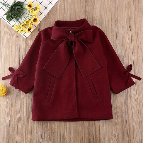Evelin LEE Kids Girls Winter Warm Wool Blend Jacket Coat Bowknot Stand Collar Outwear Overcoat in Kuwait