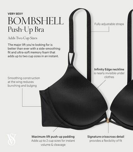 Victoria's Secret Bombshell Shine Strap Push Up Bra, Add 2 Cups, Plunge Neckline, Lace, Bras for Women, Very Sexy Collection, Red Monogram (36C) in Saudi Arabia