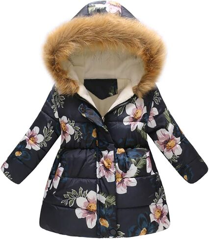Kids Boys Girls Floral Print Winter Coat Cotton Parka Hooded Snowsuit Warm Fur Hooded Down Windproof Puffer Jacket Outerwear in Kuwait
