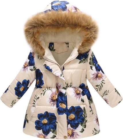 Kids Boys Girls Floral Print Winter Coat Cotton Parka Hooded Snowsuit Warm Fur Hooded Down Windproof Puffer Jacket Outerwear in Kuwait