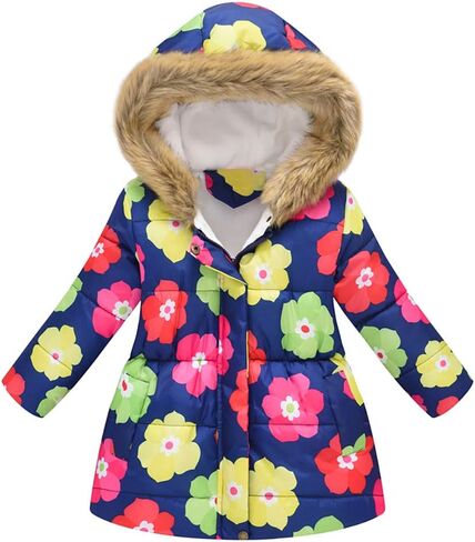 Kids Boys Girls Floral Print Winter Coat Cotton Parka Hooded Snowsuit Warm Fur Hooded Down Windproof Puffer Jacket Outerwear in Kuwait