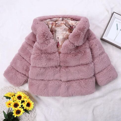 Girls Faux Fur Jacket Plush Sherpa Teddy Coat with Hood Toddler Winter Coats Warm Fuzzy Jackets Trendy Outerwear in Saudi Arabia
