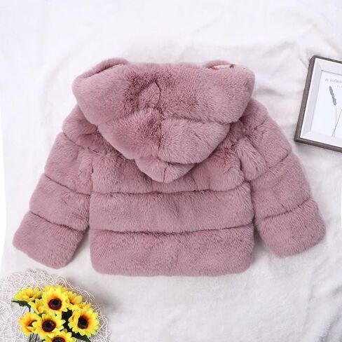 Girls Faux Fur Jacket Plush Sherpa Teddy Coat with Hood Toddler Winter Coats Warm Fuzzy Jackets Trendy Outerwear in Saudi Arabia