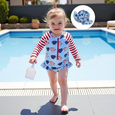 TheFound Toddler Baby Girl Swimsuit Long Sleeve Flower Print Zipped Bikini Hat Newborn Baby Summer Bathing Rashguard Swimsuit in Kuwait