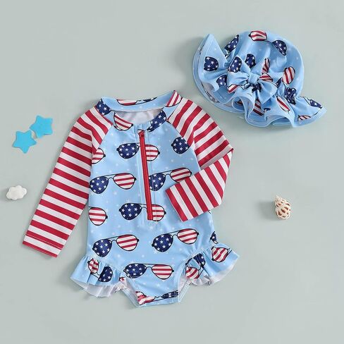 TheFound Toddler Baby Girl Swimsuit Long Sleeve Flower Print Zipped Bikini Hat Newborn Baby Summer Bathing Rashguard Swimsuit in Kuwait