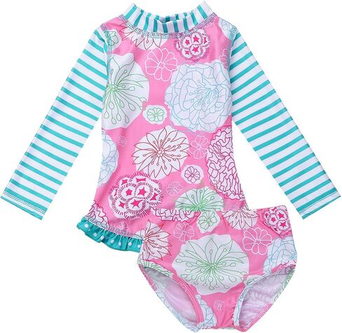 FEESHOW Baby Girls Floral One Piece Long Sleeve Rash Guard Swimsuit Shirt with Ruffle Bloomers Swim Briefs Set in Saudi Arabia