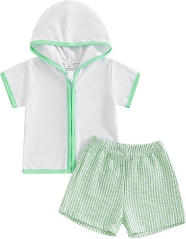 Toddler Baby Boys Girls Swim Cover Up Zipper Bathing Suit Short Sleeve Hooded Tops Shorts Set Swimwear Cover-Up Sets in Saudi Arabia