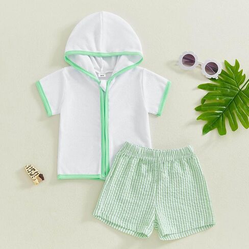 Toddler Baby Boys Girls Swim Cover Up Zipper Bathing Suit Short Sleeve Hooded Tops Shorts Set Swimwear Cover-Up Sets in Saudi Arabia