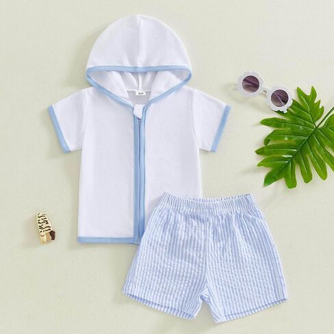 Toddler Baby Boys Girls Swim Cover Up Zipper Bathing Suit Short Sleeve Hooded Tops Shorts Set Swimwear Cover-Up Sets in Saudi Arabia