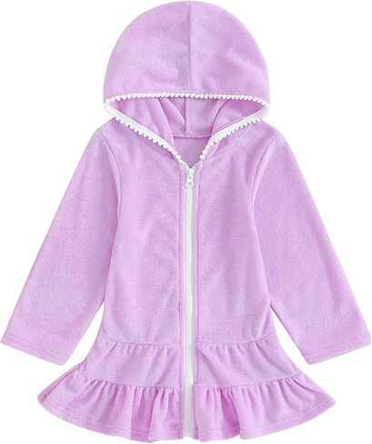 Toddler Baby Girls Long Sleeve Cover up Swimsuit Towel Hooded Zipper Beach Dress Kids Soft Rash Guard Swimwear Coverup in Saudi Arabia