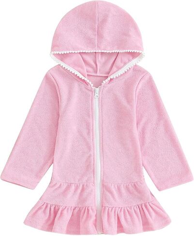 Toddler Baby Girls Long Sleeve Cover up Swimsuit Towel Hooded Zipper Beach Dress Kids Soft Rash Guard Swimwear Coverup in Saudi Arabia