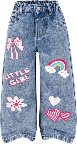 Wdirara Toddler Girl's Gute Graphic Graphic Baggy Jeans مرنة عالية الخصر in Kuwait