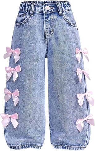 WDIRARA Toddler Girl's Y2k Bow Jeans Elastic High Waisted Wide Leg Denim Pants in Saudi Arabia