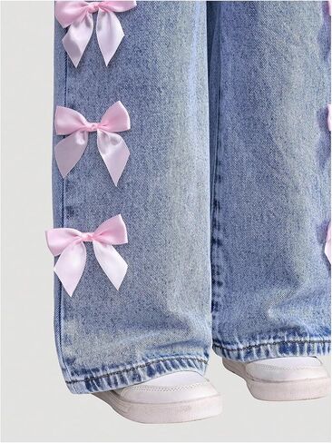 WDIRARA Toddler Girl's Y2k Bow Jeans Elastic High Waisted Wide Leg Denim Pants in Saudi Arabia