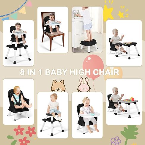 Baby High Chair, 8 in 1 Convertible Highchairs for Babies and Toddlers, Children Dining Booster Seat/Kids Building Block Table for Girls Boys, Baby Seat with Removable Tray, Black in Kuwait