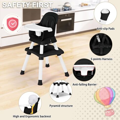 Baby High Chair, 8 in 1 Convertible Highchairs for Babies and Toddlers, Children Dining Booster Seat/Kids Building Block Table for Girls Boys, Baby Seat with Removable Tray, Black in Kuwait