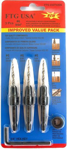 FTG USA Countersink Drill Bit Set 6 Pc #8 (11/64") Wood Countersink Drill Bit with Tapered Drill Bits, Version 2.0 FTG Maximum Torque Countersink Bit with Improved Connection HSS Drill to Hex Shank in Kuwait