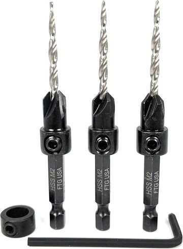 FTG USA Countersink Drill Bit Set 6 Pc #8 (11/64") Wood Countersink Drill Bit with Tapered Drill Bits, Version 2.0 FTG Maximum Torque Countersink Bit with Improved Connection HSS Drill to Hex Shank in Kuwait
