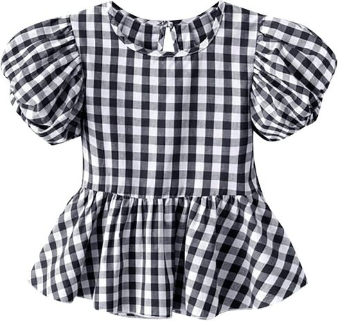 Baby Girls Summer Crewneck Puff Short Sleeve Plaid Blouse Shirt Toddler Kids Ruffle Peplum Smock Crop Tops Trendy Soft in Kuwait