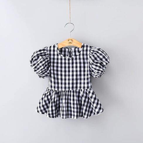 Baby Girls Summer Crewneck Puff Short Sleeve Plaid Blouse Shirt Toddler Kids Ruffle Peplum Smock Crop Tops Trendy Soft in Kuwait